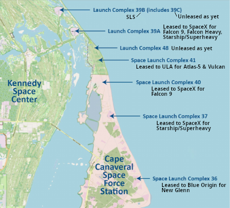 Launch sites at Kennedy and Cape Canaveral
