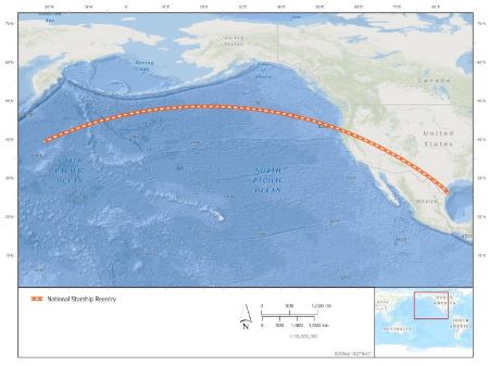 Starship flight path over the Pacific for landing at Boca Chica